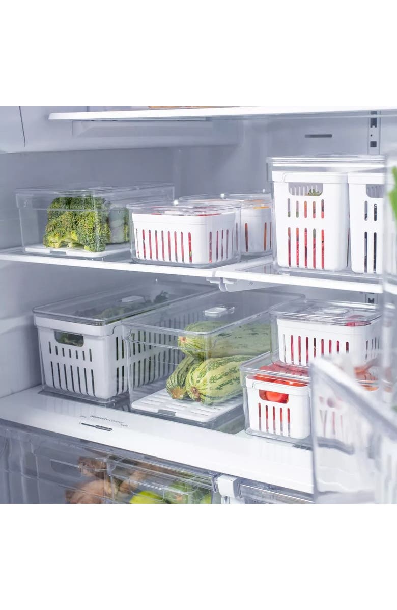 OU Clear Stackable Fridge Organizer Bin with Drain Basket and Vented Lid, 2 Pack, Alternate, color, 