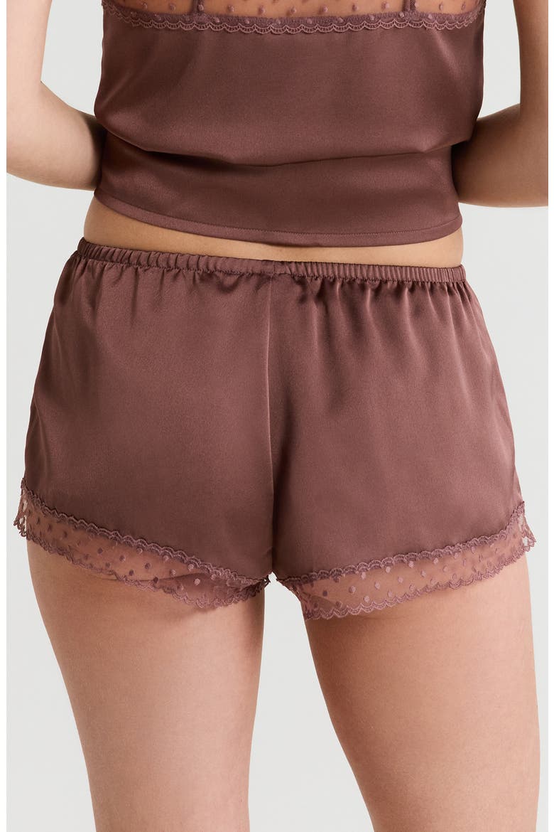 Plume Lace Trim Satin Shorts, Alternate, color, CHOCOLATE
