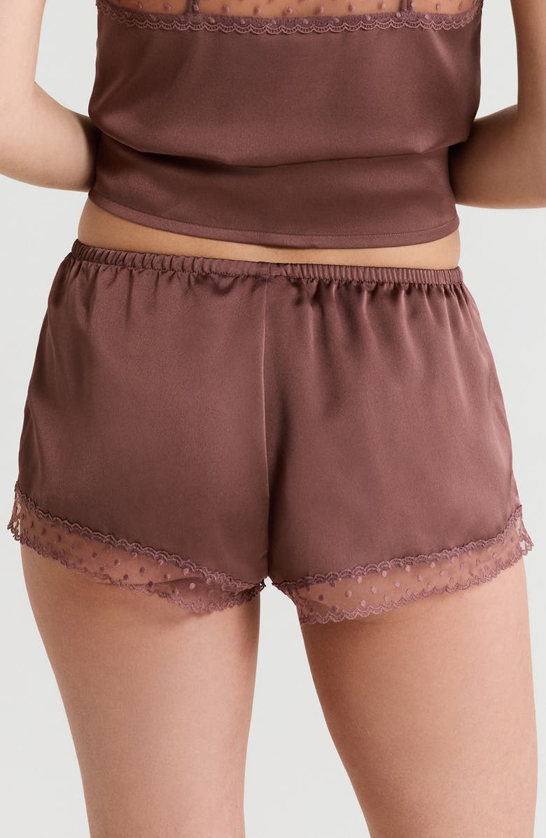 Etam Plume Lace Trim Satin Shorts, Alternate, color, Chocolate