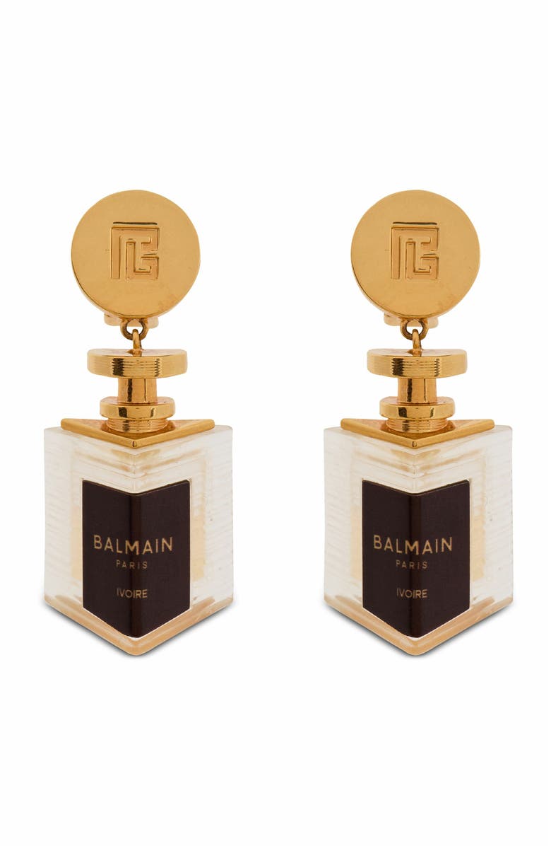 Balmain Brass Perfume Earrings, Main, color, Gold