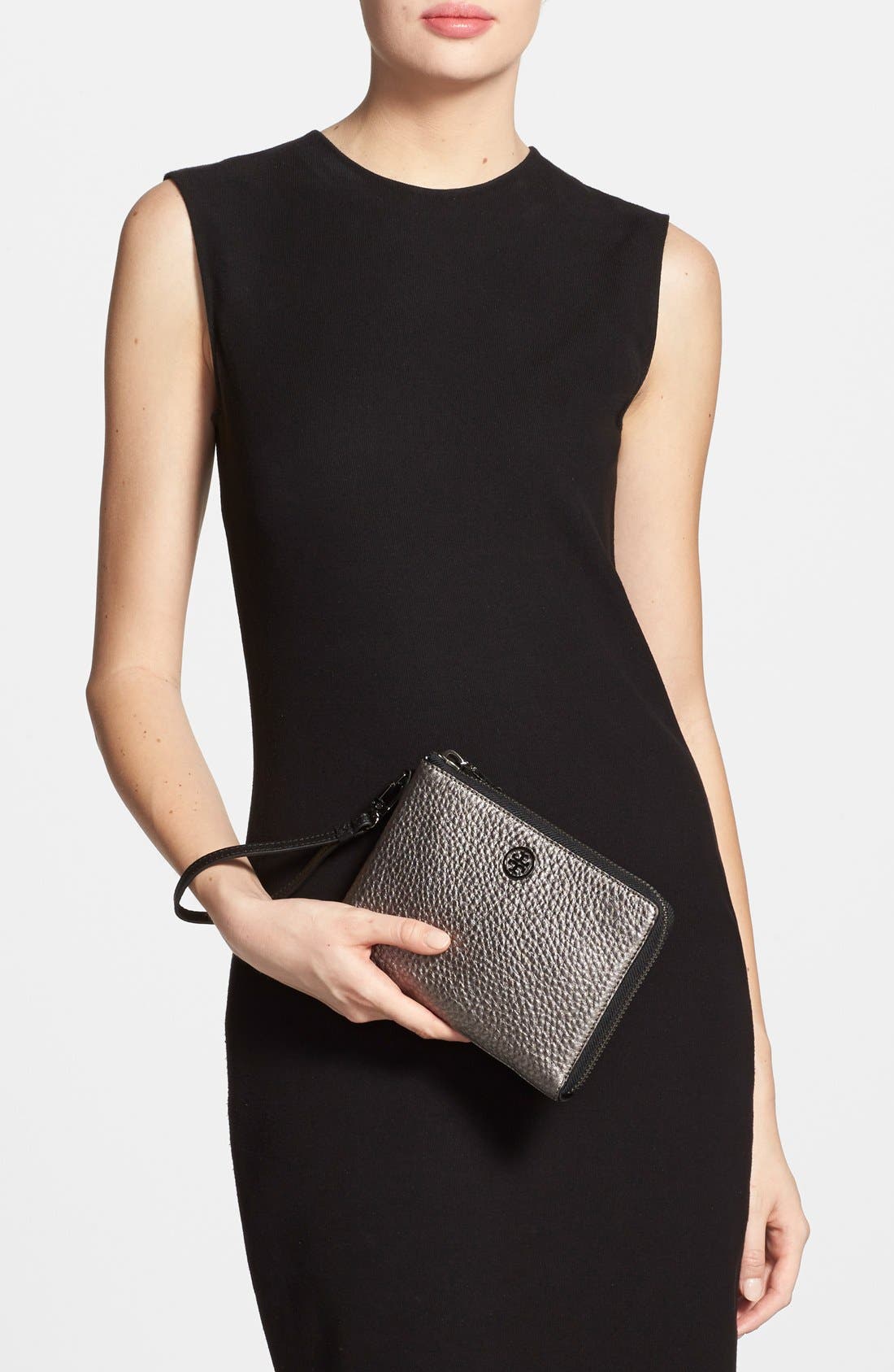 'Robinson' Pebbled Leather Wristlet, Alternate, color, GUNMETAL/ BLACK