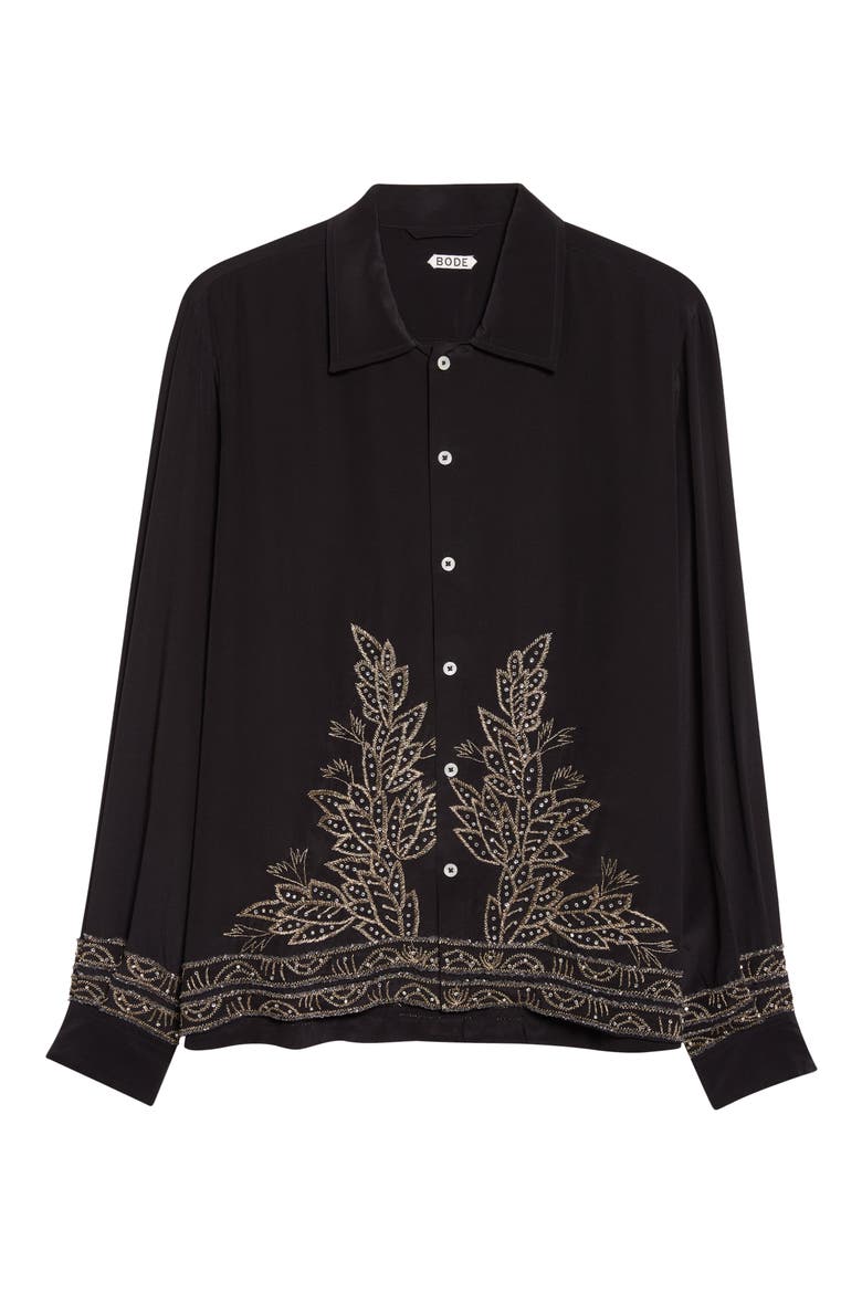 Beaded Epoque Silk Button-Up Shirt, Alternate, color, BLACK