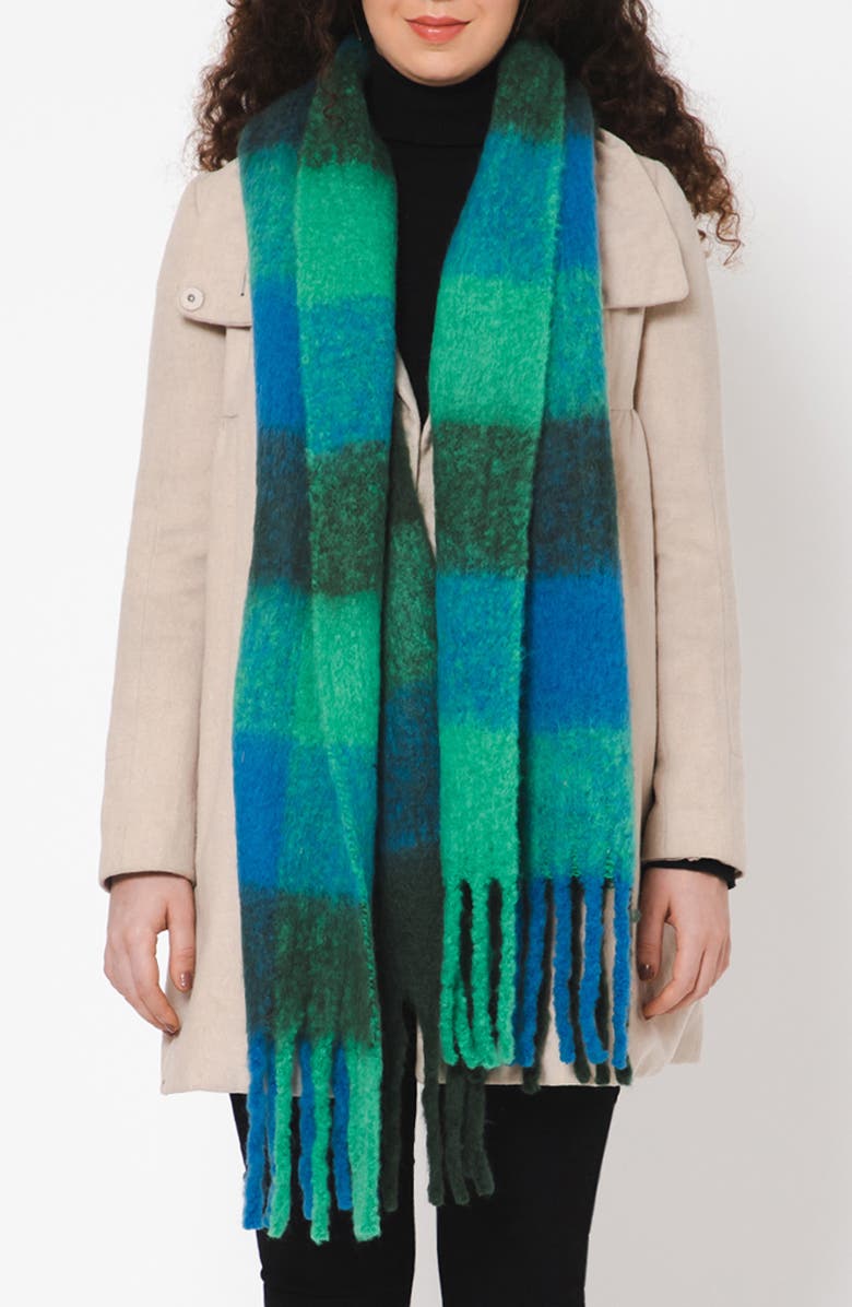 Vismaya Buffalo Check Wool Blend Fringe Scarf, Main, color, Blue Green
