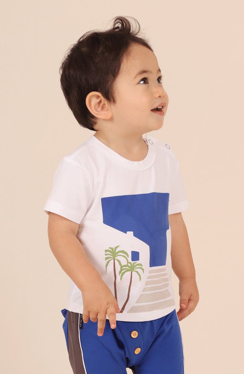TINY TRIBE Santorini Cotton Graphic T-Shirt & Colorblock Shorts Set, Alternate, color, White Multi