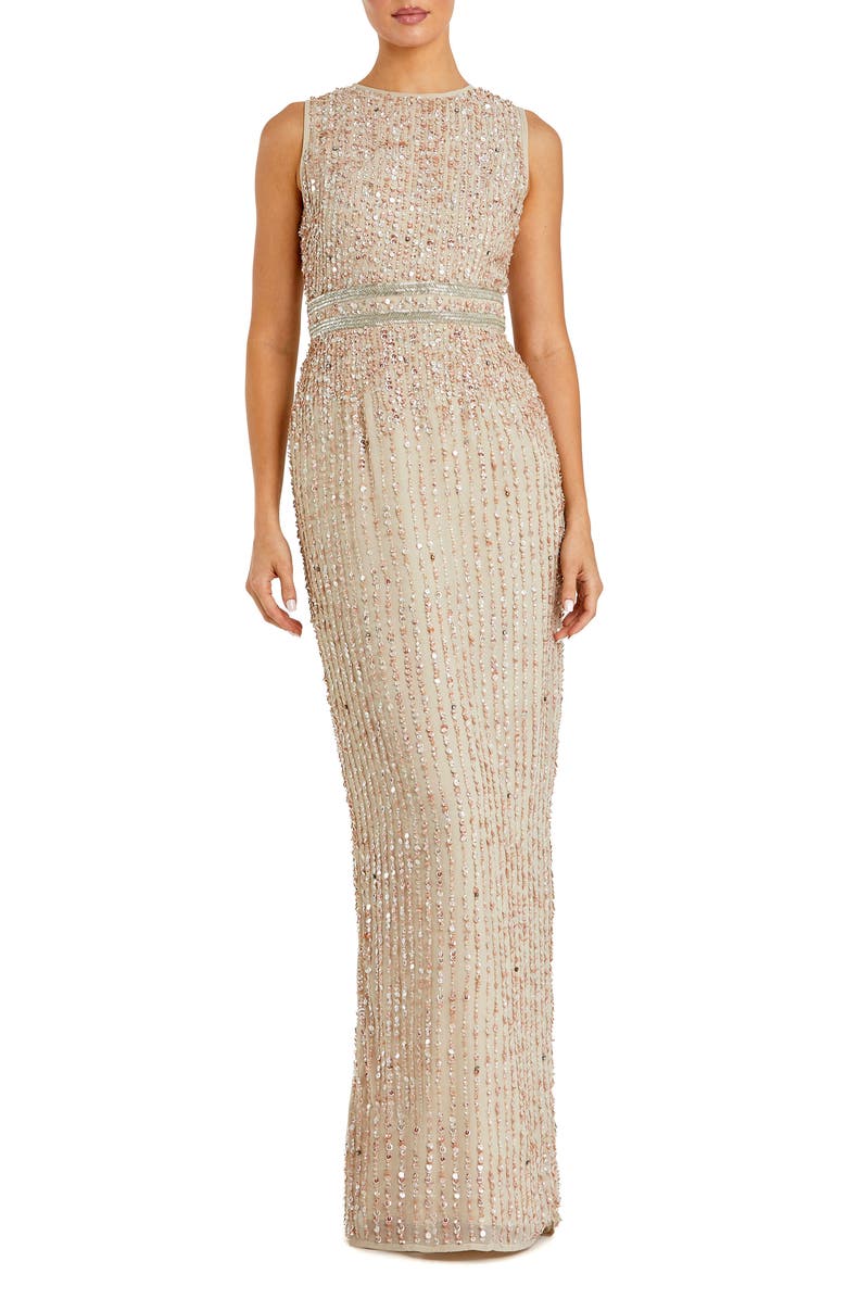 Mac Duggal Sequined High Neck Sleeveless Column Gown, Main, color, Nude