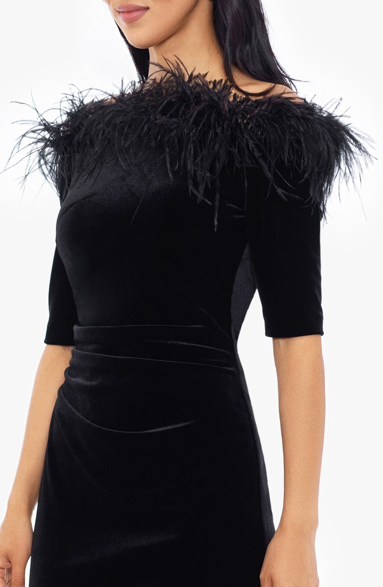 Xscape Evenings Feather Trim Off the Shoulder Sheath Dress, Alternate, color, 