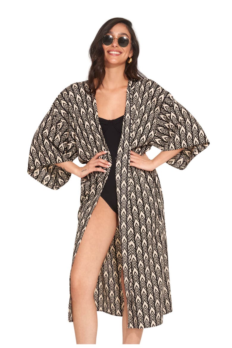 Karen Midi Swim Cover Up Kimono, Main, color, Black/Brown