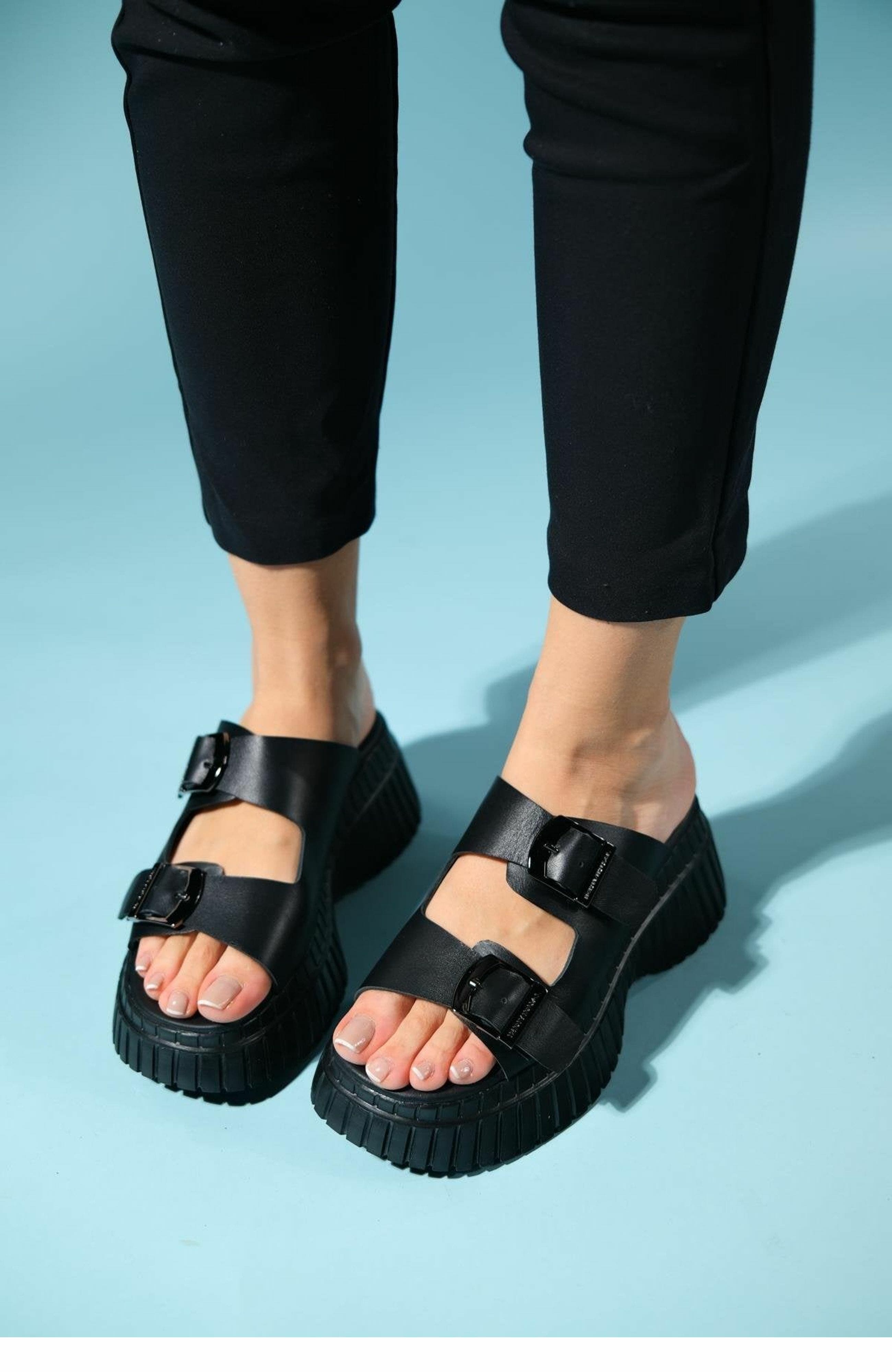 Forever & Always Shoes Joanes Leather Two-Strap Platform Sandal, Alternate, color, Black Leather