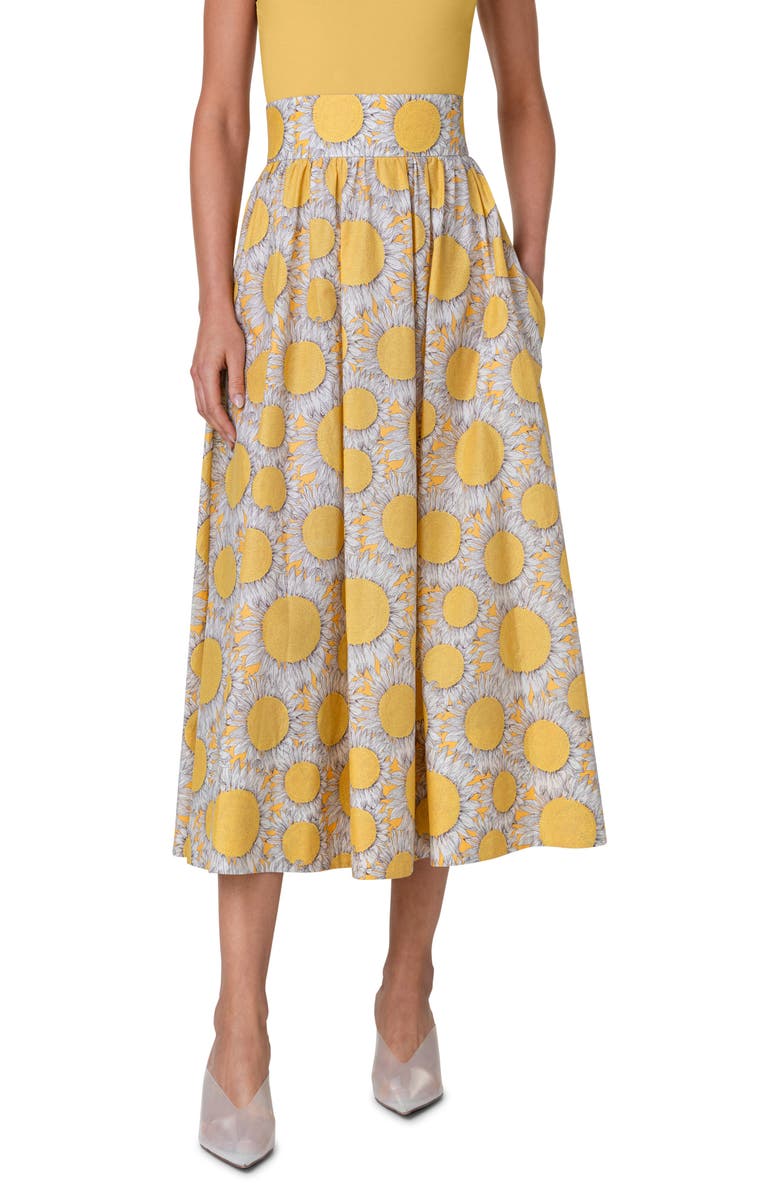 Akris punto Hello Sunshine Floral Pleated Cotton Midi Skirt, Main, color, 