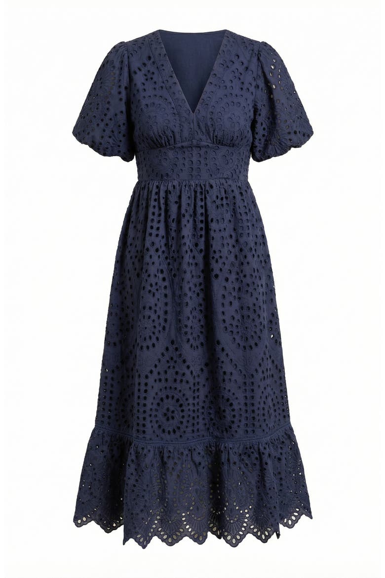 Puff Sleeve Eyelet Smocked Midi Dress, Alternate, color, Navy Blue