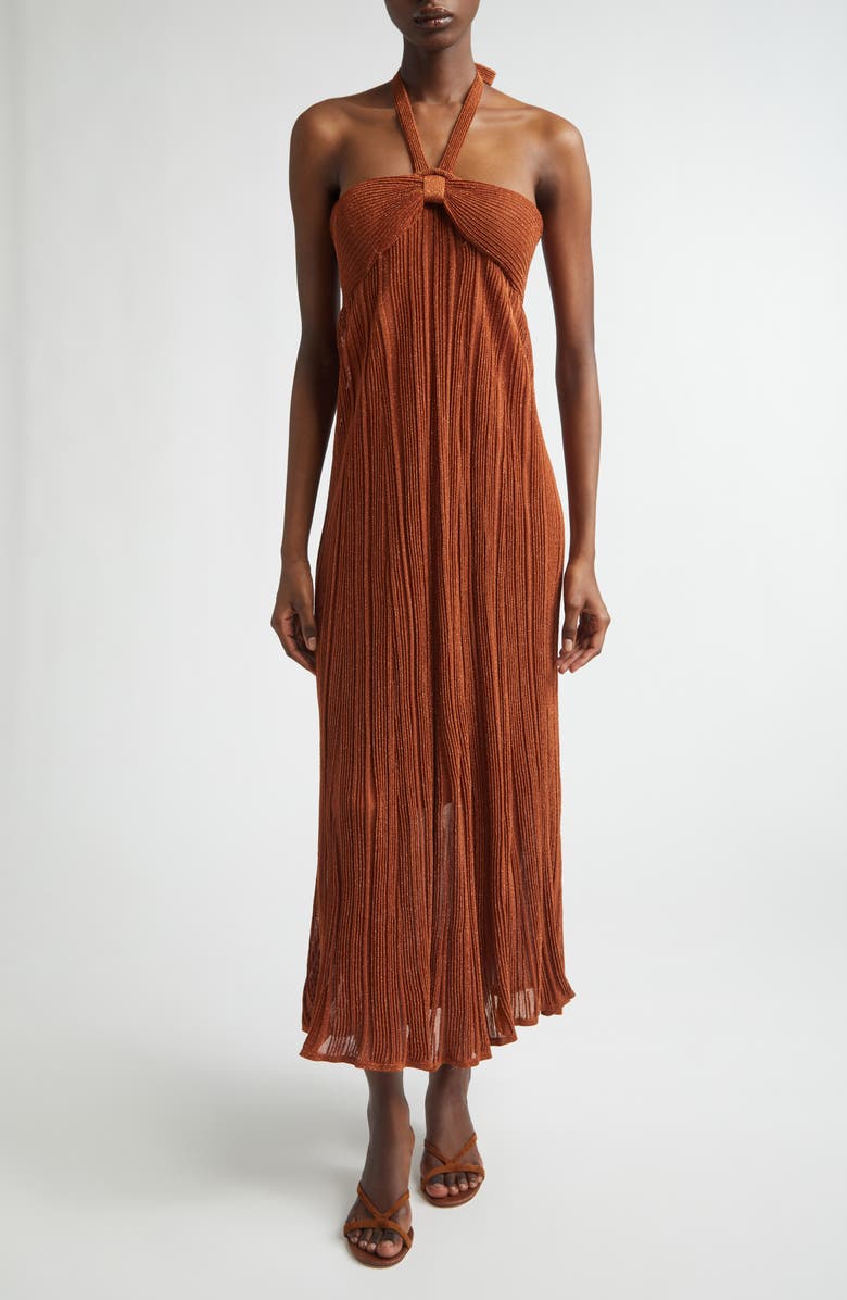 Zimmermann Indra Pleated Metallic Knit Halter Dress, Main, color, Metallic Tan