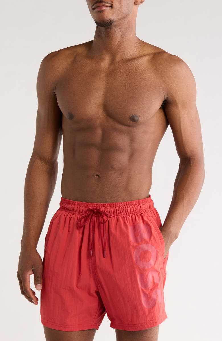 BOSS SWIMWEAR Squid Swim Trunks, Main, color, Red