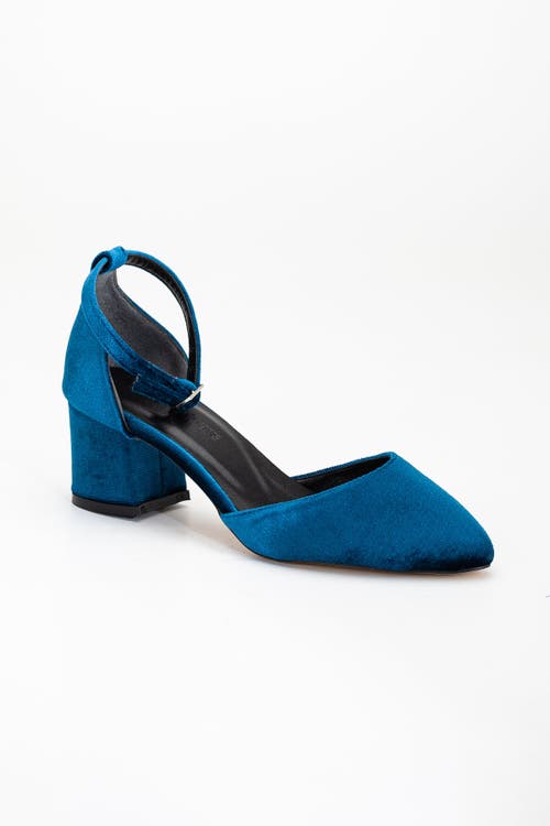 Forever & Always Shoes Marcelle Low Block Heel Pumps In Teal Blue Velvet