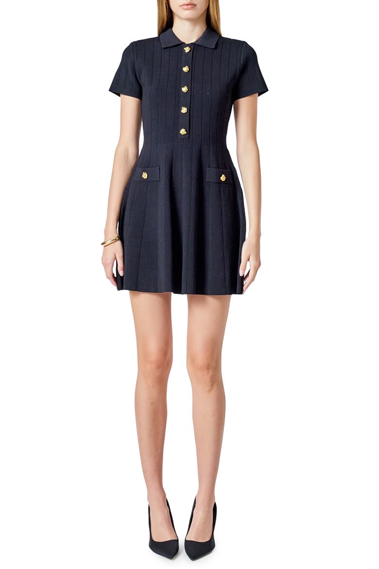 Rib Jewel Button Fit & Flare Minidress, Main, color, BLACK