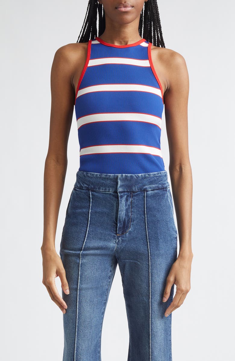 Alice + Olivia Pania Stripe Rib Racerback Tank, Main, color, Blue Stripe