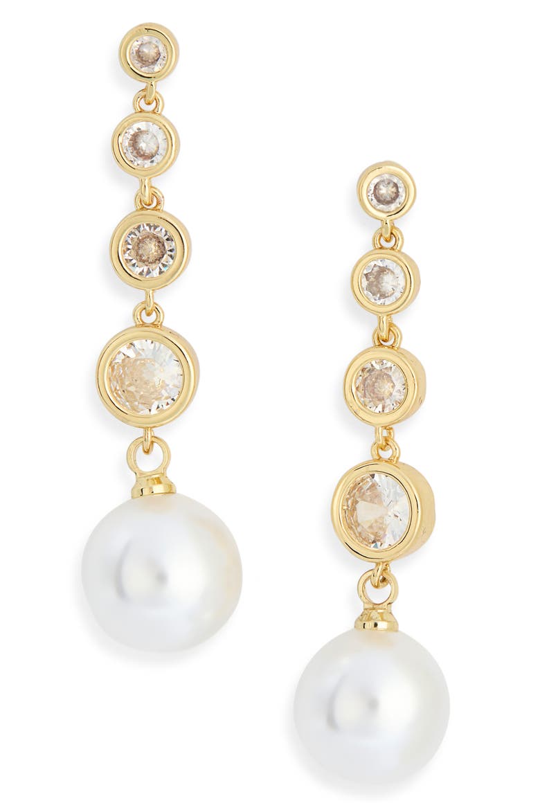 Cubic Zirconia & Faux Pearl Linear Drop Earrings, Main, color, CLEAR- WHITE- GOLD