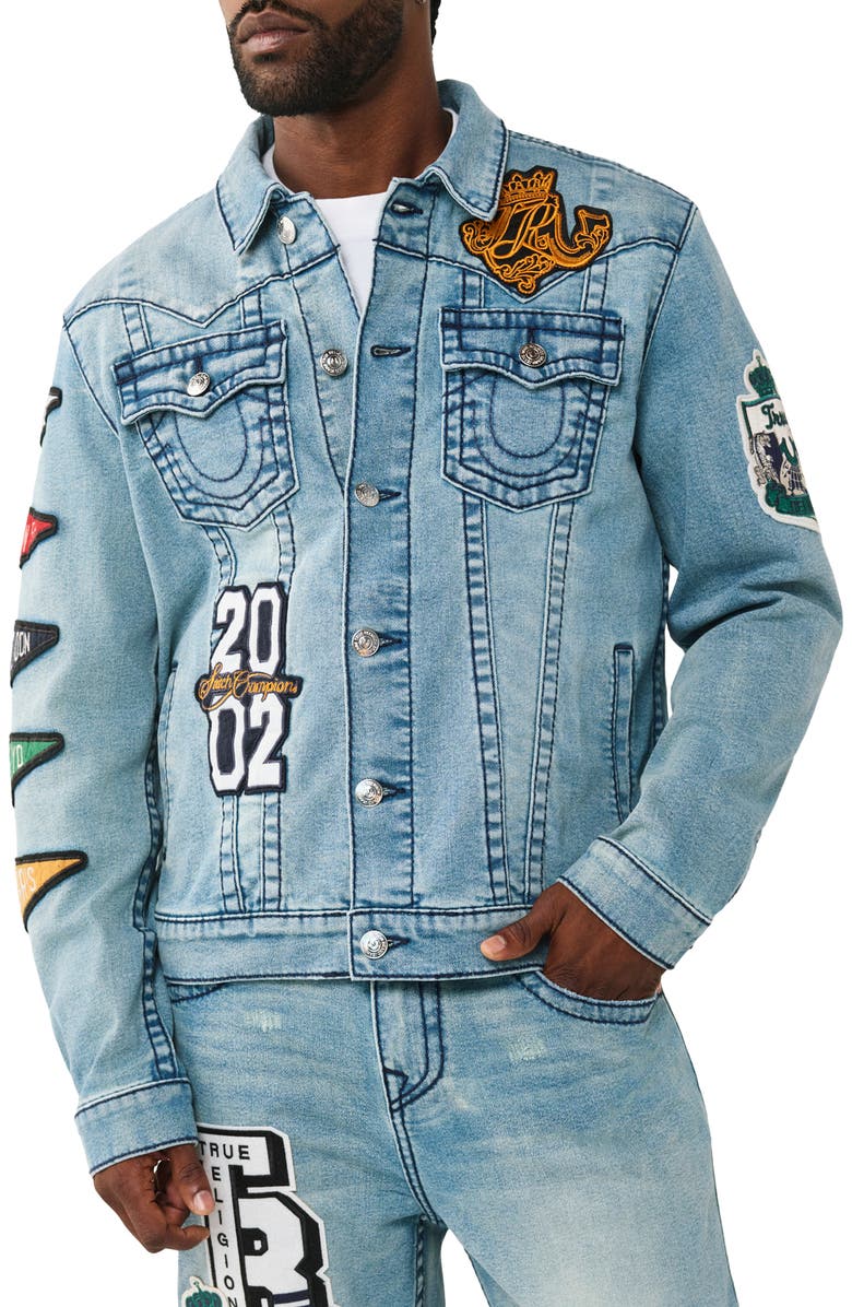 True Religion Jimmy Varsity Patch Denim Trucker Jacket, Main, color, Shattered Medium Indigo