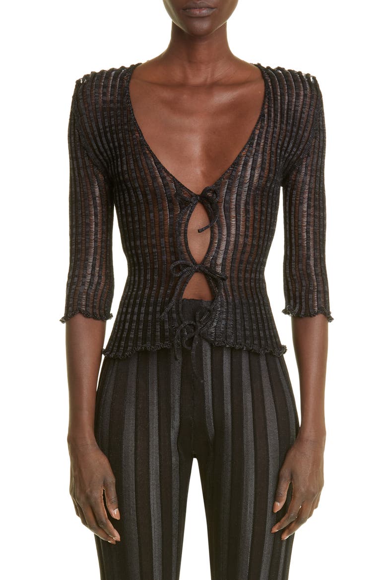 Patricia Ladder Stitch Cotton Blend Cardigan, Main, color, BLACK
