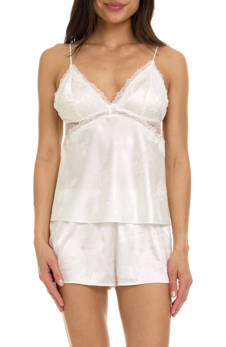 Flora Nikrooz Kaiya Lace Trim Satin Short Pajamas, Main, color, Ivory