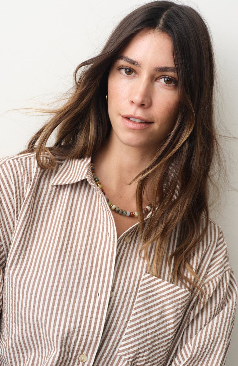 Marine Layer Gracey Stripe Oversize Cotton & Kapok Seersucker Button-Up Shirt, Alternate, color, Mocha Stripe