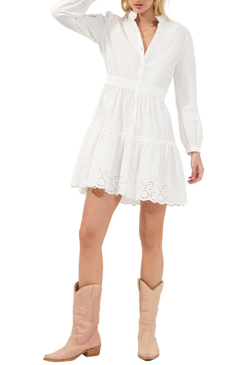 Aprina Long Sleeve Cotton Eyelet Minidress, Main, color, SUMMER WHITE