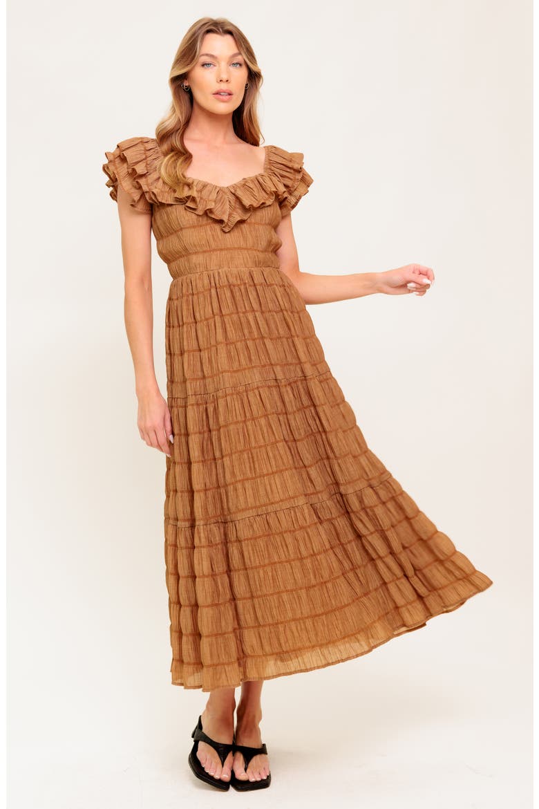 Ruffle Shoulder Midi Dress, Alternate, color, BROWN