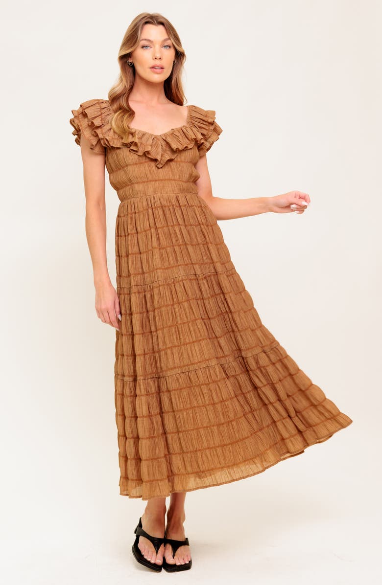 FLYING TOMATO Ruffle Shoulder Midi Dress, Alternate, color, Brown