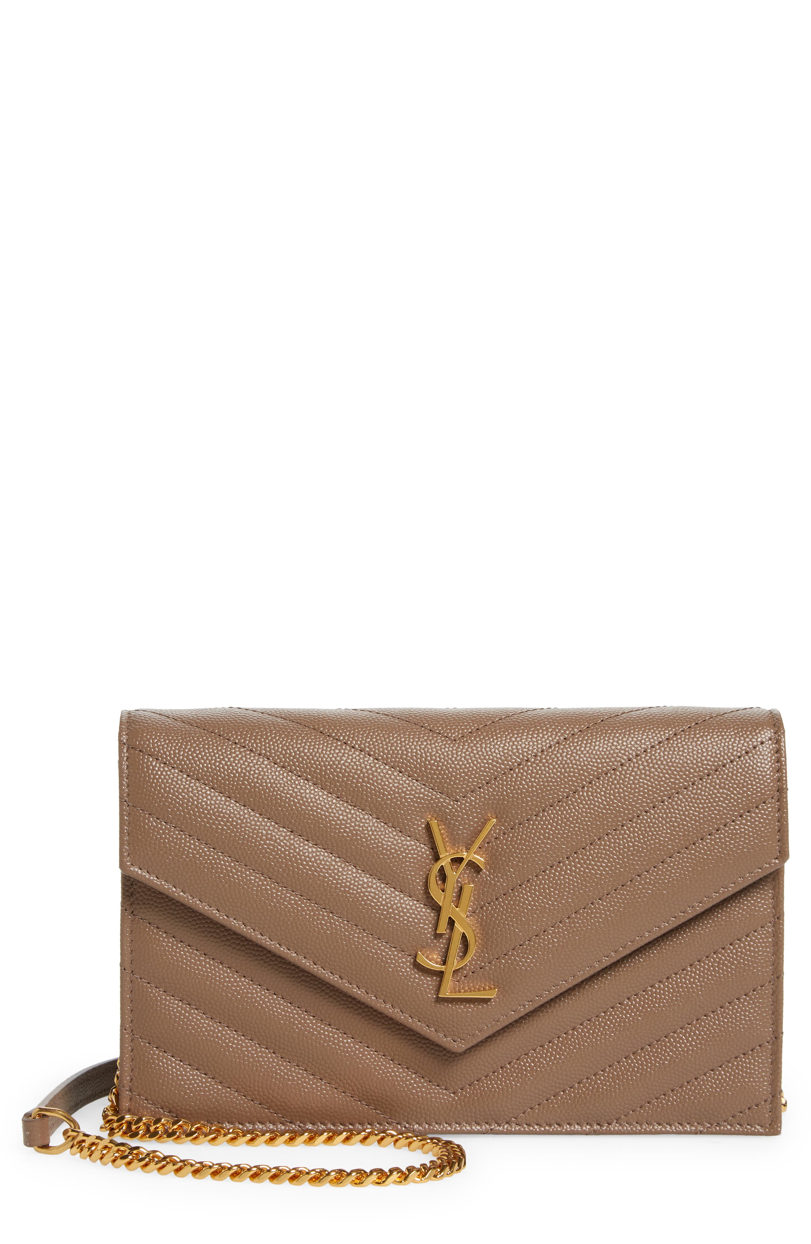 Cassandre Matelassé Leather Envelope Wallet on a Chain, Main, color, TAUPE