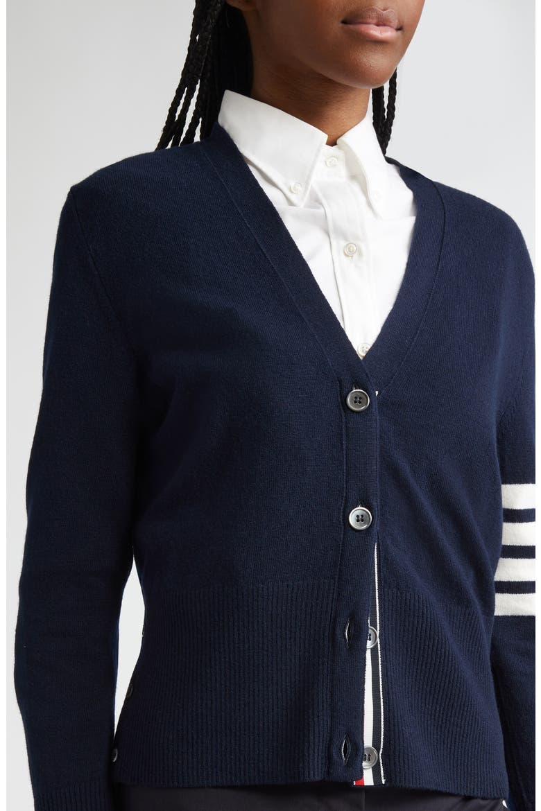 Holidays Classic 4-Bar Virgin Wool V-Neck Cardigan, Alternate, color, NAVY