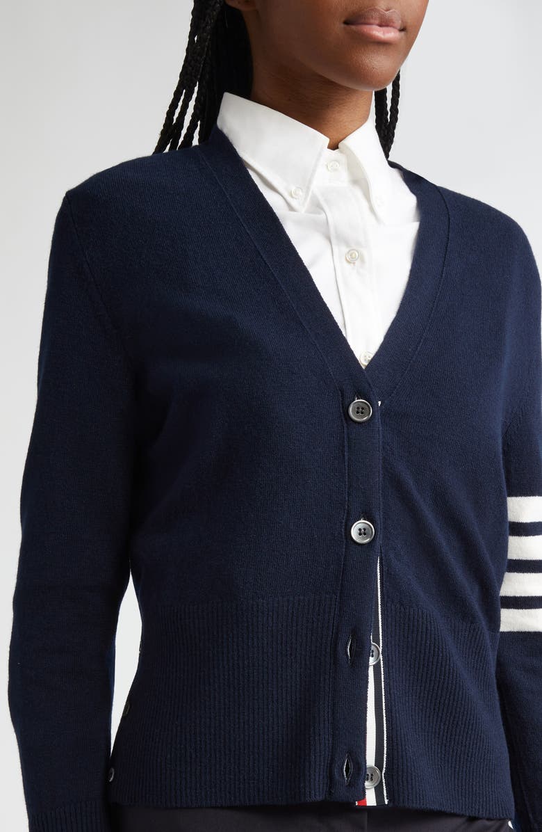 Thom Browne Holidays Classic 4-Bar Virgin Wool V-Neck Cardigan, Alternate, color, Navy