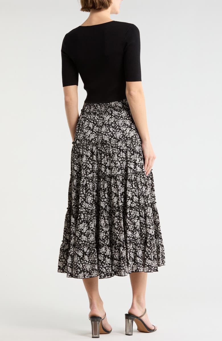 T Tahari Mixed Media Midi Dress, Alternate, color, Black With Ditsy Floral Skirt