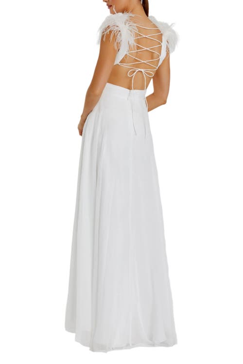Mac Duggal Feather Cut Out Long Dress In White