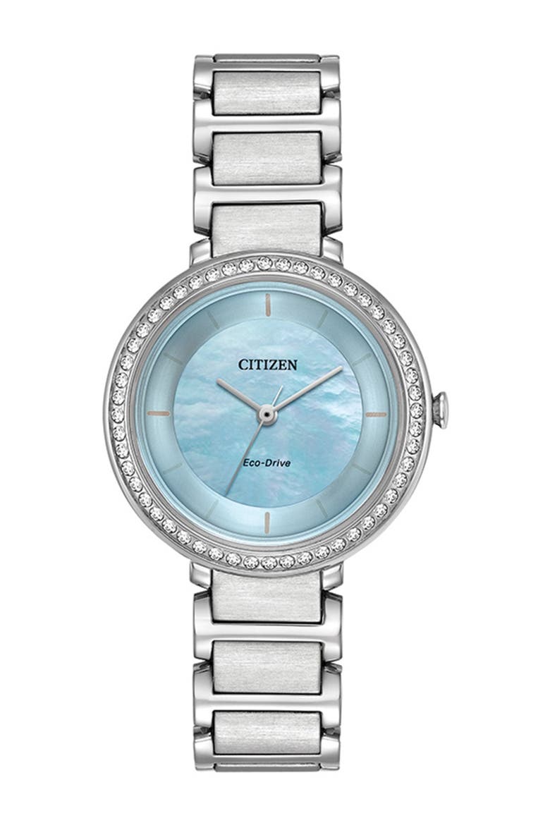 Women's Eco-Drive Crystal Bracelet Watch, 30mm, Main, color, SILVER-TONE