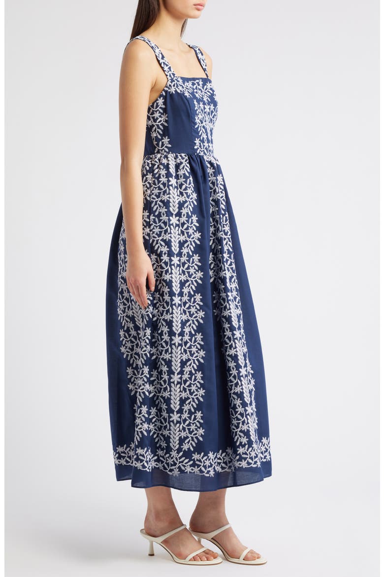 Embroidered Square Neck Dress, Alternate, color, NAVY IVORY