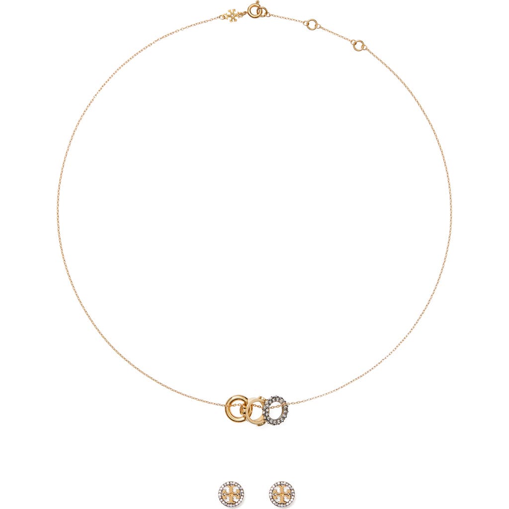 Tory Burch Miller Pavé Stud Earrings & Necklace Set In Gold