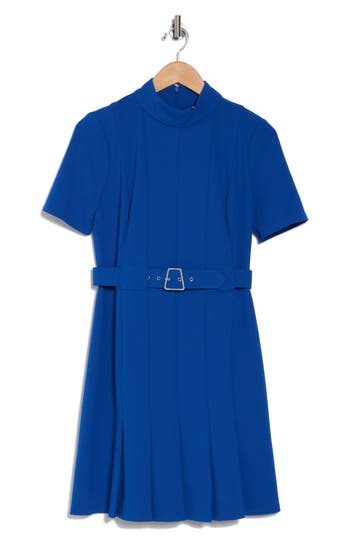 London Times Mock Neck Short Sleeve Belted Pleated Scuba Dress In Blue