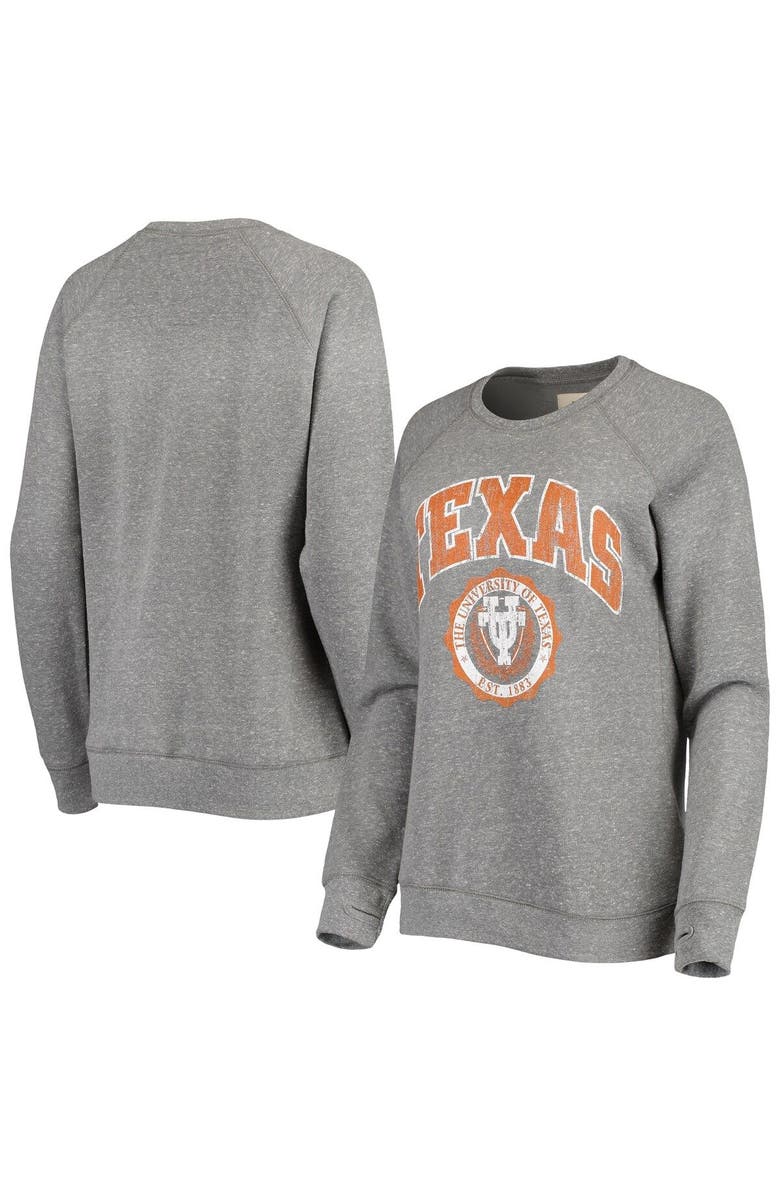 PRESSBOX Women's Pressbox Heathered Gray Texas Longhorns Distressed Edith Vintage Knobi Fleece Crew, Main, color, Heather Gray