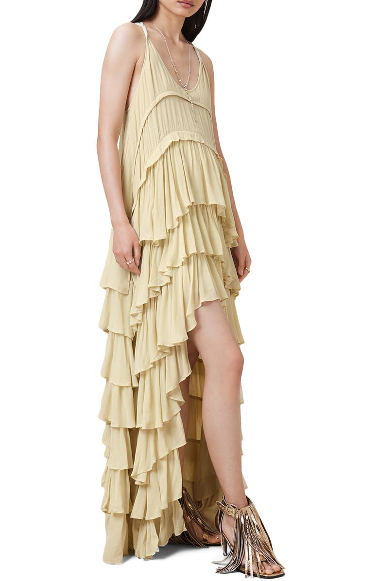 AllSaints Cavarly Tiered Ruffle High-Low Dress, Alternate, color, 