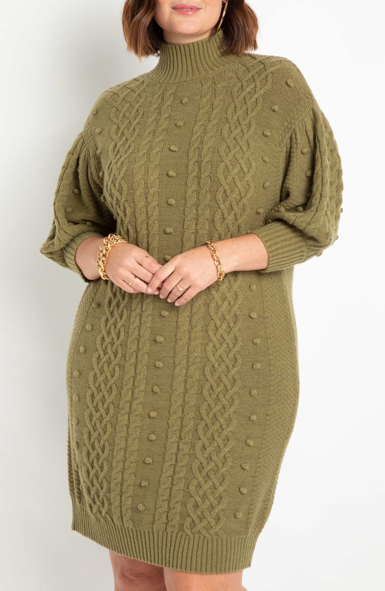 ELOQUII Cable Stitch Bobble Sweater Dress, Alternate, color,