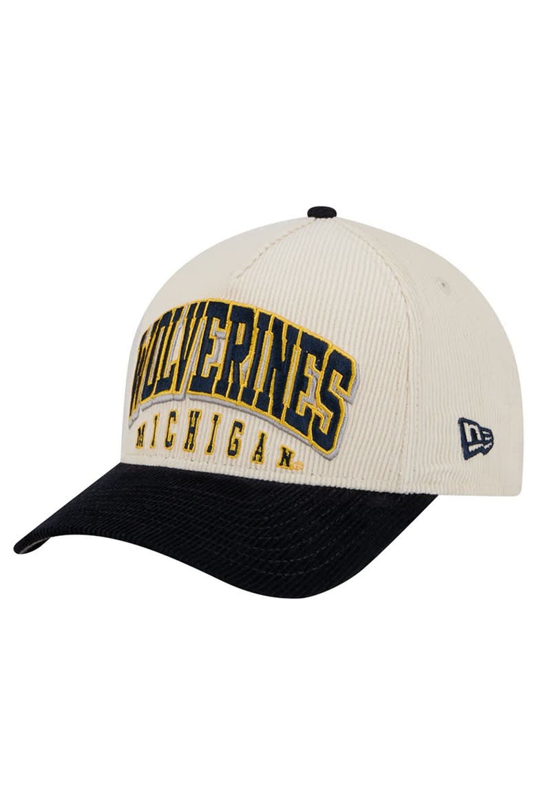 Men's New Era Navy/Cream Michigan Wolverines Arch Two-Tone Corduroy 9FORTY A-Frame Adjustable Hat, Main, color, Navy