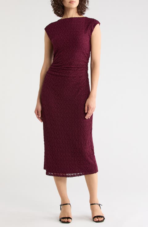 Ruched Lace Midi Dress