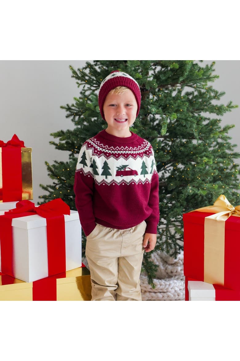 Christmas Tree Fair Isle Beanie, Alternate, color, Burgundy