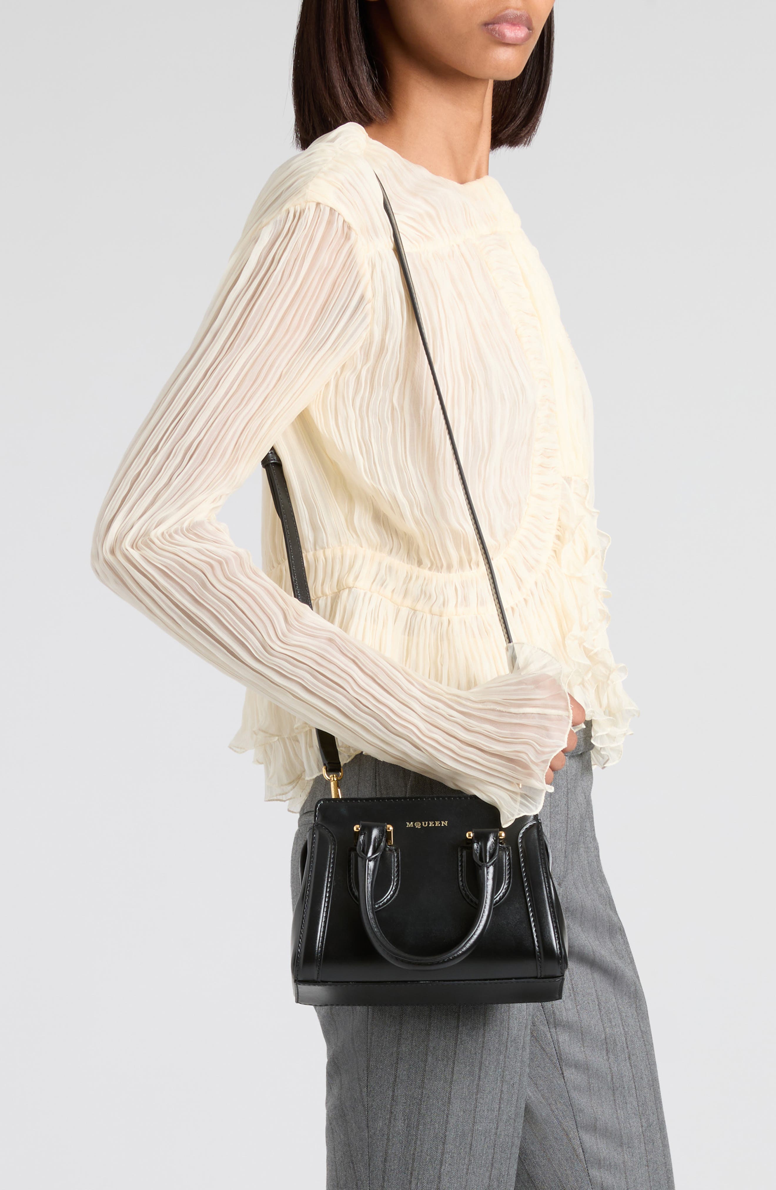 McQueen Mini Birdee Leather Top Handle Bag, Alternate, color, Black/ Gold