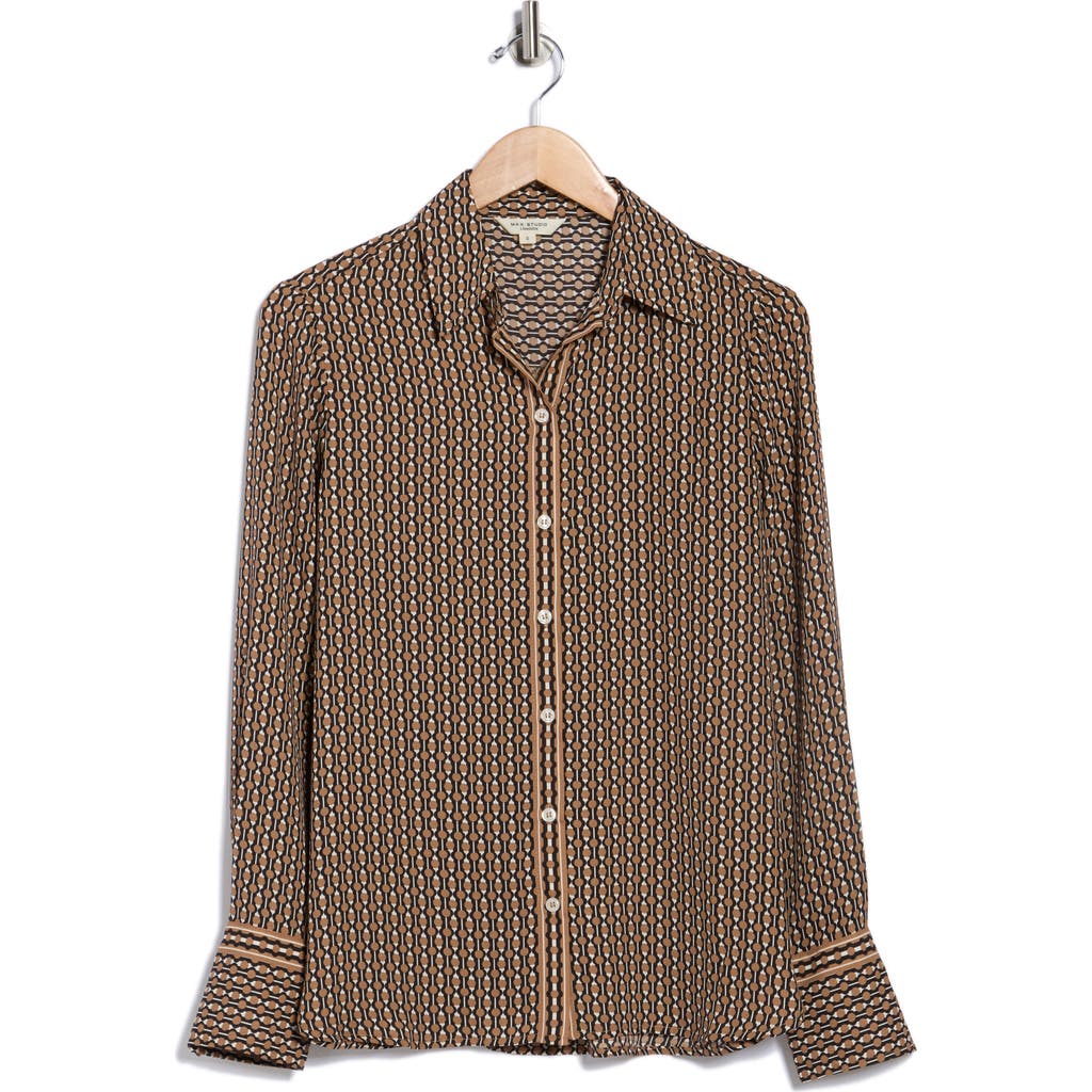 Max Studio Printed Long Sleeve Button-up Shirt In Brown