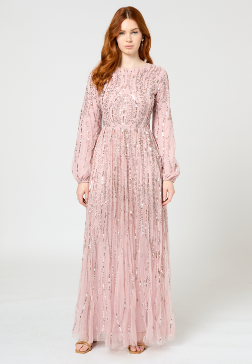 Maryisa Embellished Sequin Beaded A Line Maxi Dress In Frosted Pink