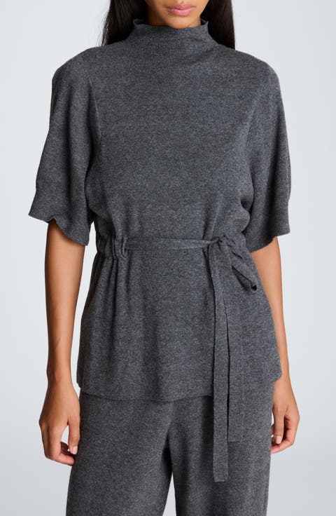 Belted Mock Neck Short Sleeve Sweater