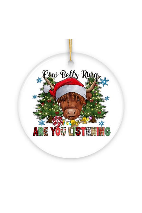 Cow Bells Ring Highland Cow Santa Hat Ceramic Ornament