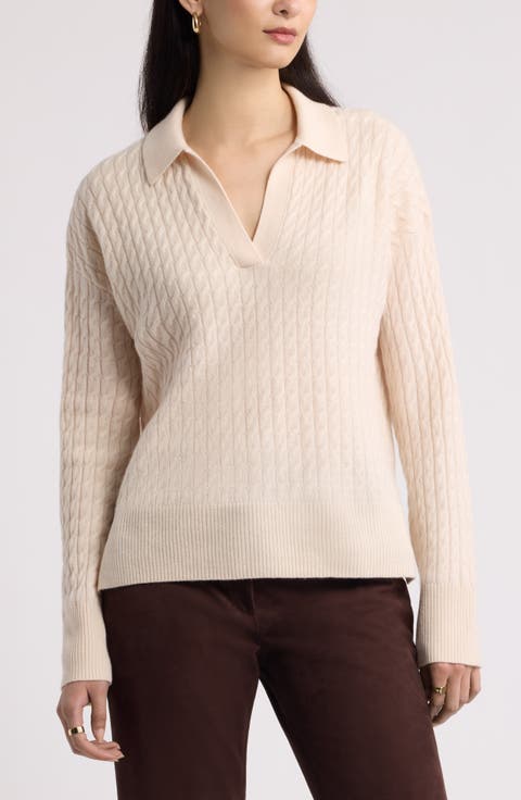 Wool & Cashmere Cable Polo Sweater