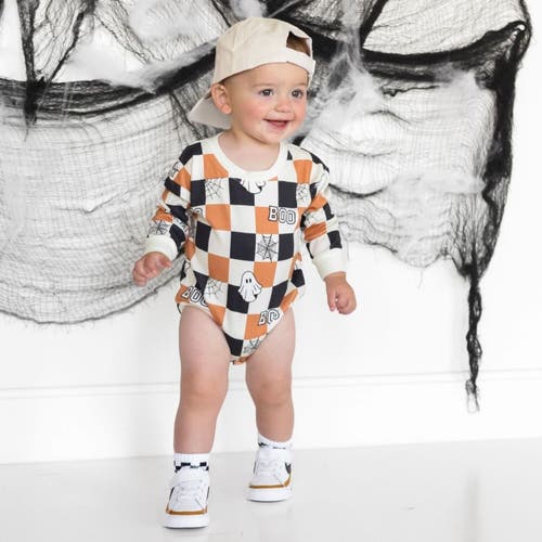 Sweet Wink Boo Checkered Halloween Long Sleeve Romper In Neutral