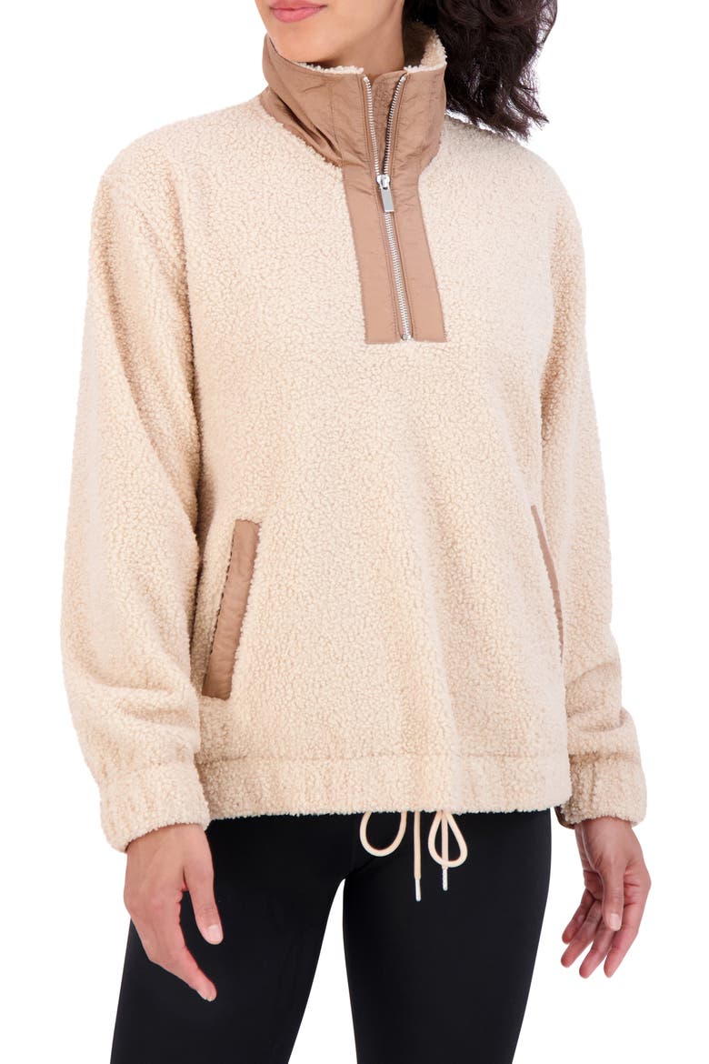 Woven Trim Faux Shearling Pullover, Main, color, CREAM